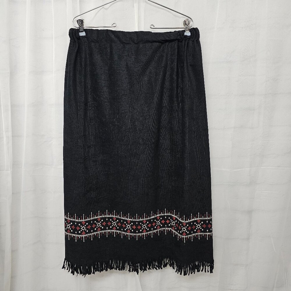 Black Midi Skirt Aztec Western Boho Fringed A-Line 34" Waist